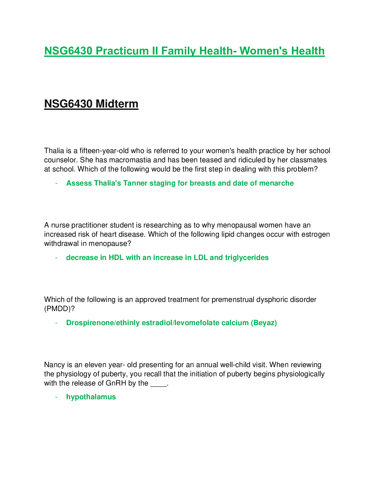 Preview of NSG6430 / NSG 6430: Practicum II Family Health - Women's Health Midterm Exam Latest 2020 /